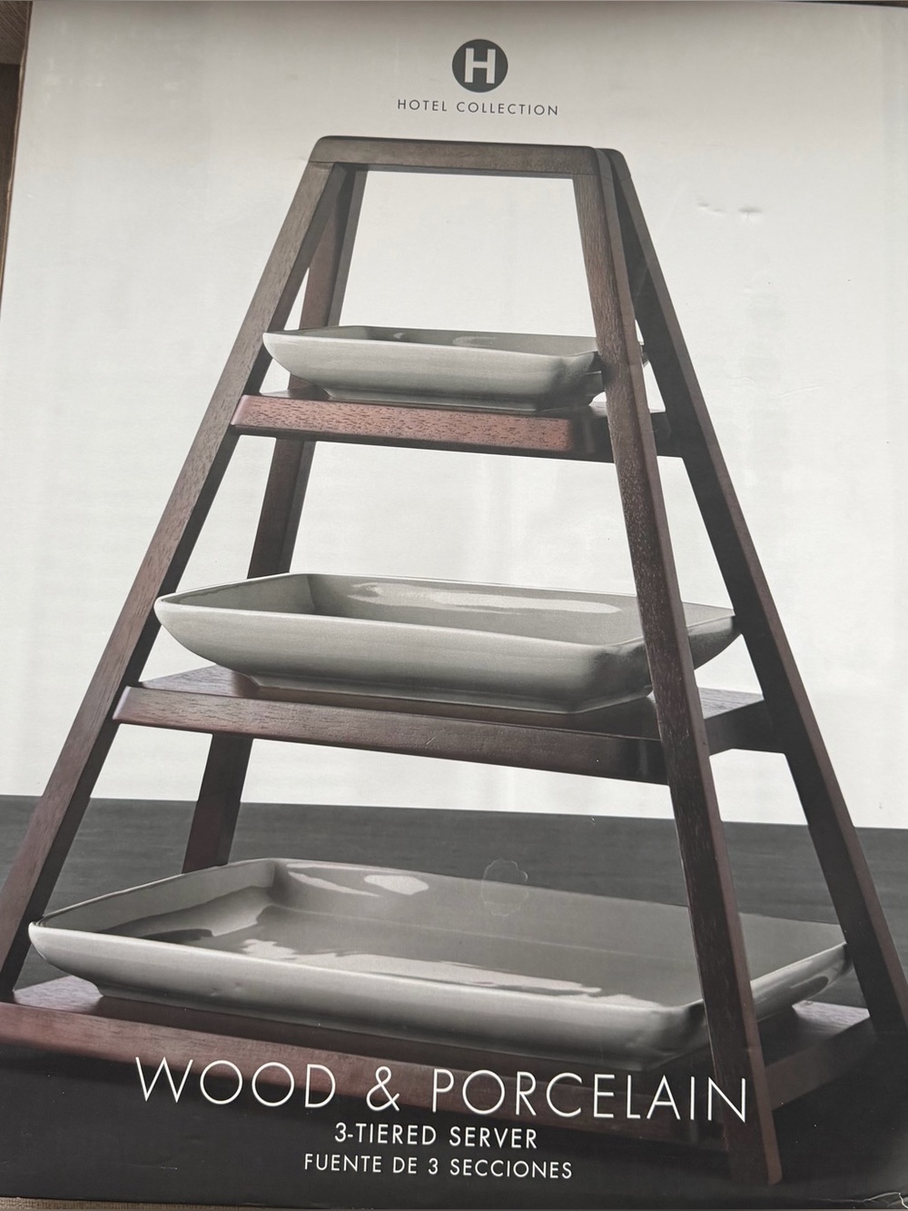 NIB WOOD & PORCELAIN 3-TIERED SERVER FUENTE DE 3 SECCIONES